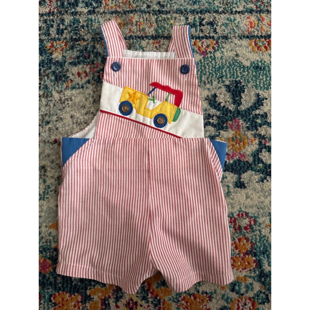 Vintage 90s Pete's Jeans by Good Lad Seersucker Romper Kids 24M Jeep Applique